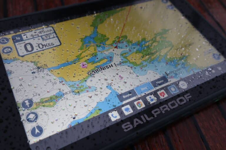 A SailProof tablet with water droplets, showcasing its IP67 waterproof certification.