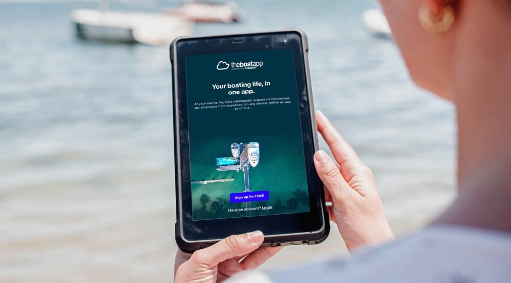 SailProof tablet running TheBoatApp, an essential tool for digital boat management and navigation support.