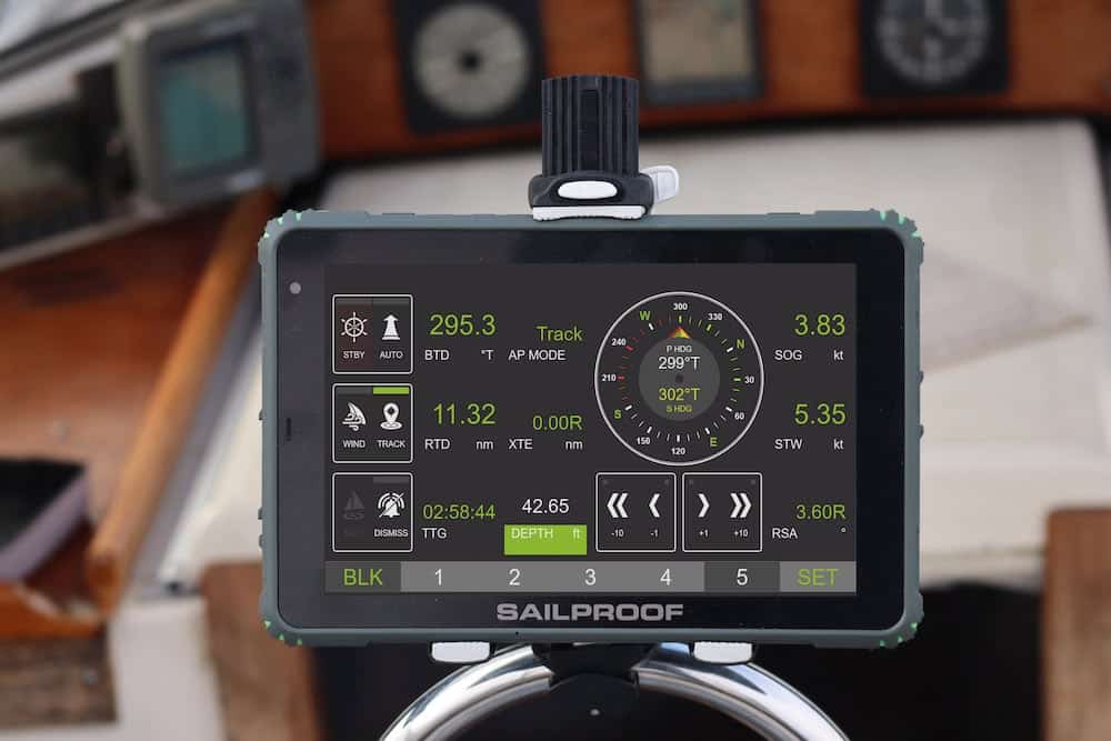 SailProof tablet showing the Yacht Devices Autopilot control buttons on their Web Gauges with the YDWG-02 NMEA 2000 Wi-Fi Gateway