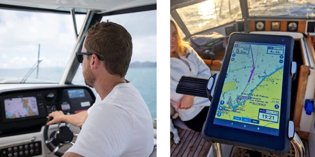 Comparison of a chartplotter and a rugged SailProof tablet mounted with a ROKK Mount from Scanstrut.