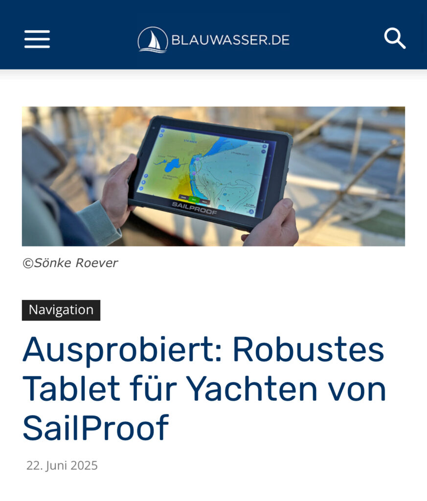 SailProof tablet mounted at the helm of a sailboat in the rain, demonstrating its waterproof design and sunlight-readable screen