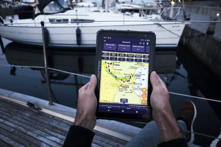 Tableta SailProof mostrando la aplicación de navegación NavimetriX
