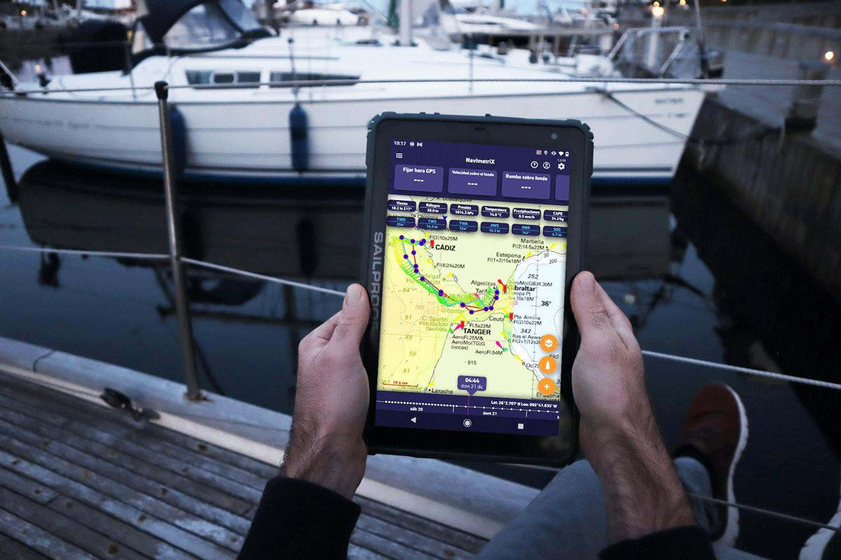 SailProof tablet displaying Navimetrix navigation app