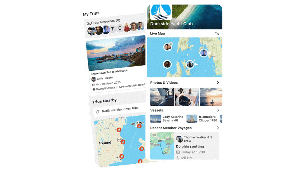 GIF showing how the SailTies app works: a user starts recording a sailing trip on a tablet and the app automatically tracks the route on a map along with real-time speed and distance. The trip is then synced to create a digital logbook featuring maps, photos, statistics, and voyage details.